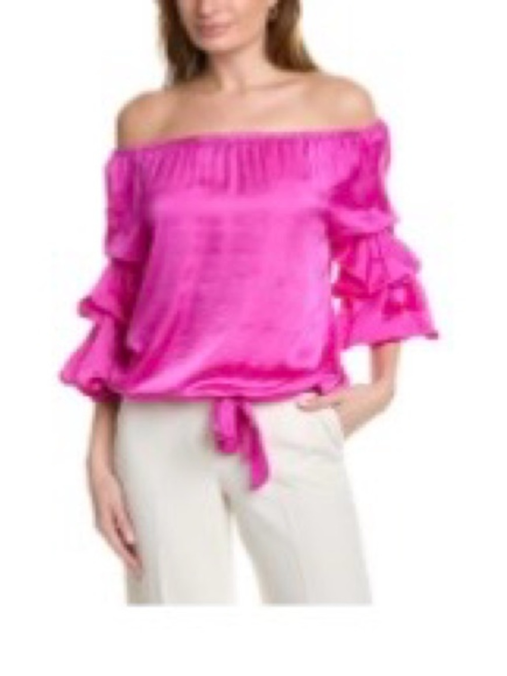 Vince Camuto Pink Off-Shoulder Ruffle 3/4 Sleeve Tie-Hem Top